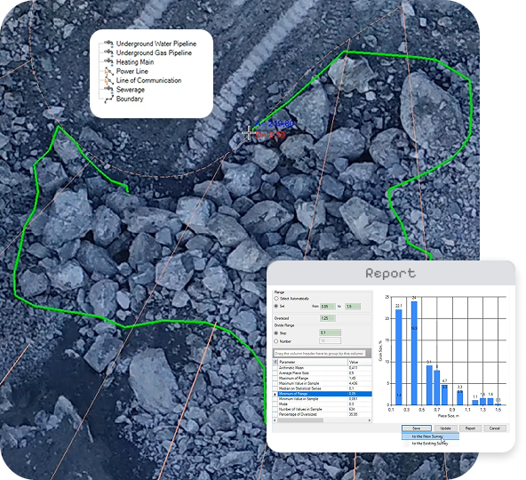 Muckpile fragmentation analysis from drone imagery with grain size distribution